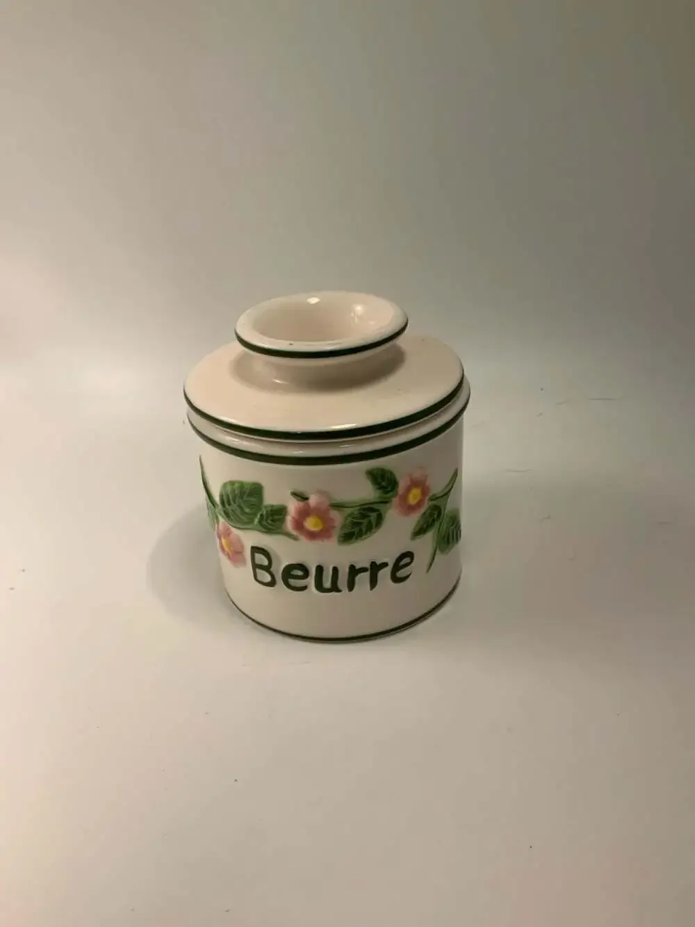 Butter Bell Ceramic French Butter Dish Crock With Pink Floral And Green Trim